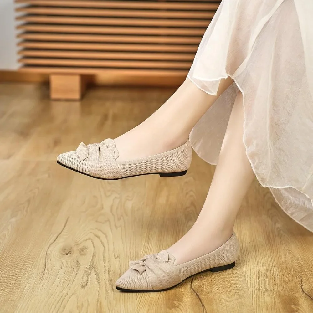 Women's Beige Pointed Toe Ballet Flats with Bow Comfortable Knit Dressy Flats - Picture 8 of 8